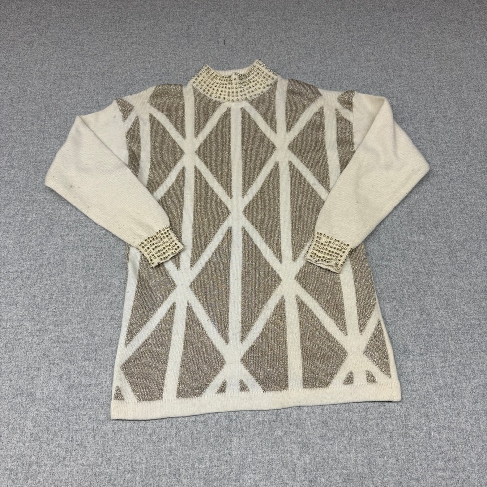 Imago Vintage Sweater Large Cream Gold Angora Lambswool Studded Geometric Mock N